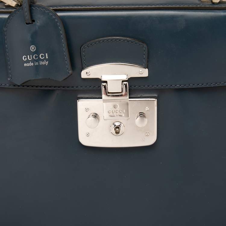 Pre Owned Gucci Blue Leather Lady Lock Bamboo Large Top Handle Bag