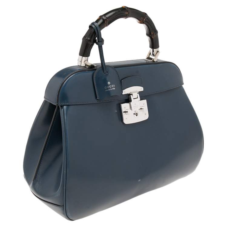 Pre Owned Gucci Blue Leather Lady Lock Bamboo Large Top Handle Bag