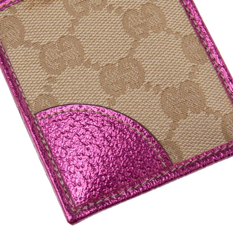 Pre Owned Gucci Pink/Beige GG Canvas and Leather ID Card Holder