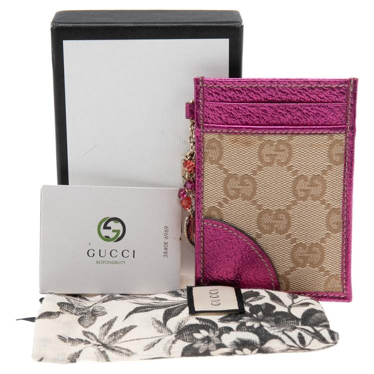 Pre Owned Gucci Pink/Beige GG Canvas and Leather ID Card Holder