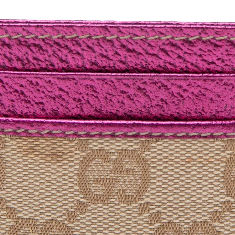 Pre Owned Gucci Pink/Beige GG Canvas and Leather ID Card Holder