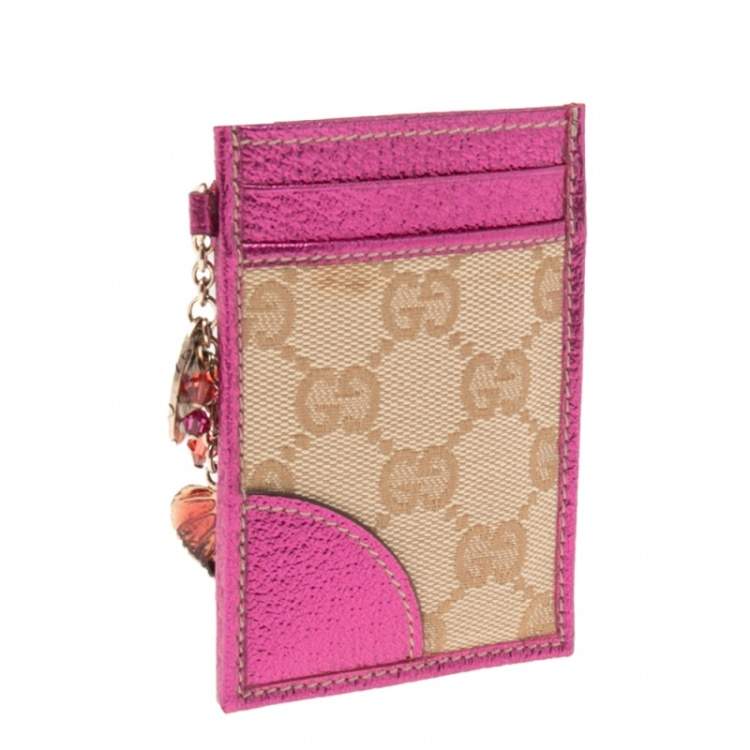 Pre Owned Gucci Pink/Beige GG Canvas and Leather ID Card Holder