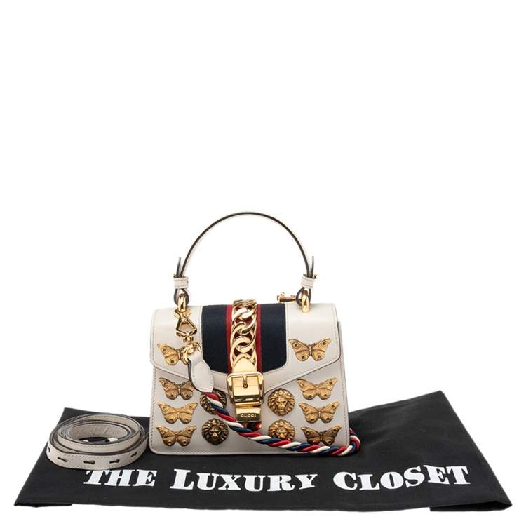 Pre Owned Gucci White Leather Mini Sylvie Animal Studded Top Handle Bag