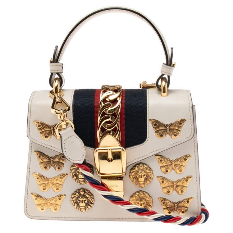 Gucci White Leather Mini Sylvie Animal Studded Top Handle Bag Gucci ...