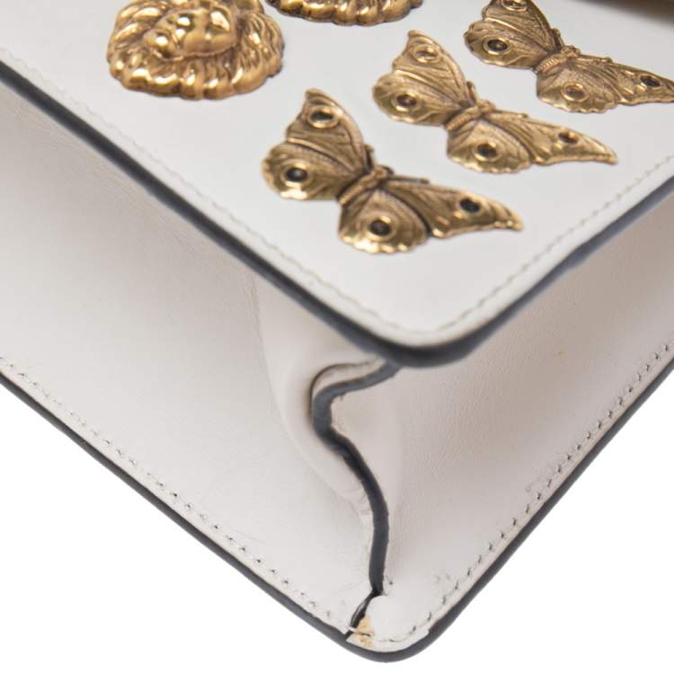 Pre Owned Gucci White Leather Mini Sylvie Animal Studded Top Handle Bag