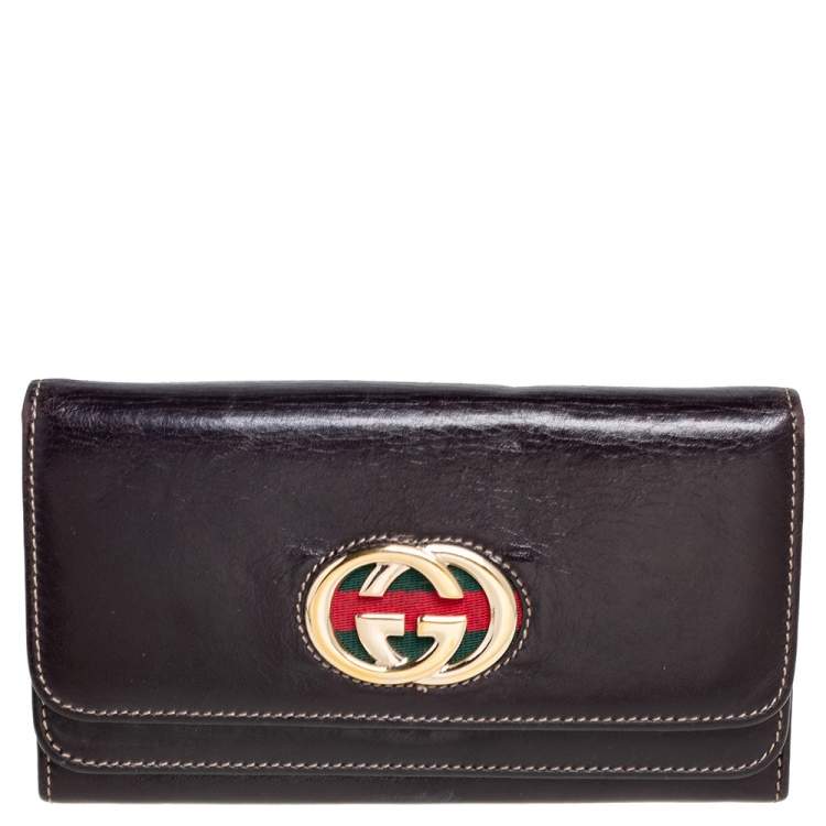 Pre Owned Gucci Dark Brown Leather Web Britt Wallet