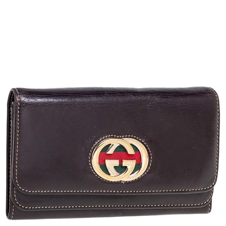 Pre Owned Gucci Dark Brown Leather Web Britt Wallet