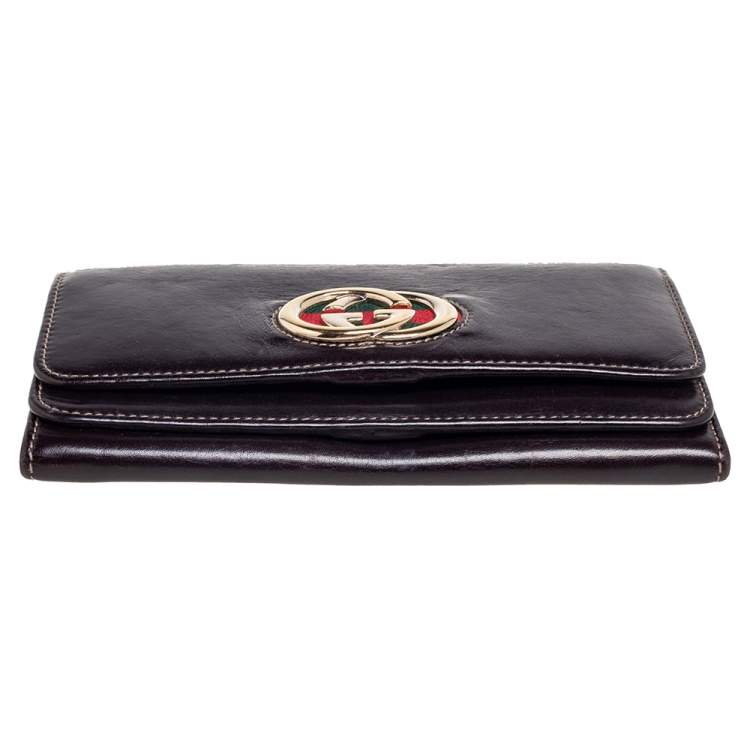 Pre Owned Gucci Dark Brown Leather Web Britt Wallet