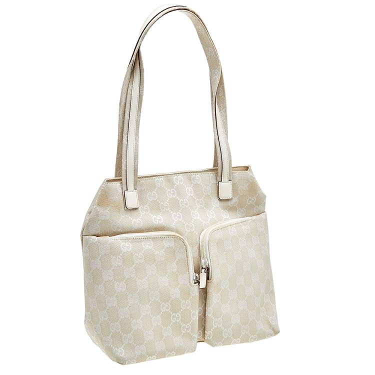 Pre Owned Gucci Off White GG Canvas and Leather Double Pocket Tote