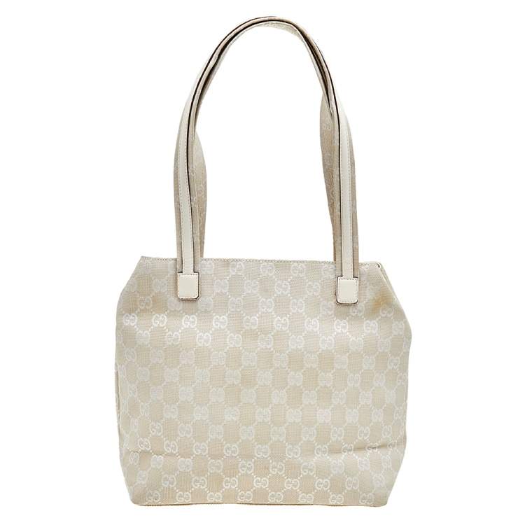 Pre Owned Gucci Off White GG Canvas and Leather Double Pocket Tote