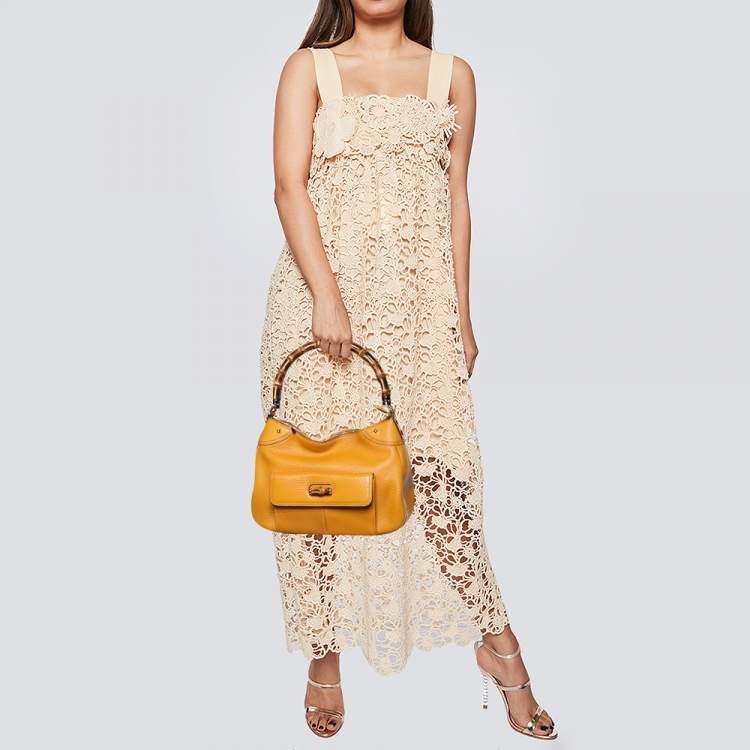 Pre Owned Gucci Yellow Leather Bamboo Top handle Bag