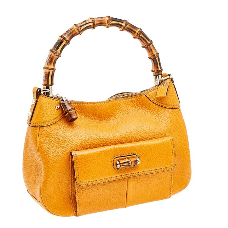 Pre Owned Gucci Yellow Leather Bamboo Top handle Bag