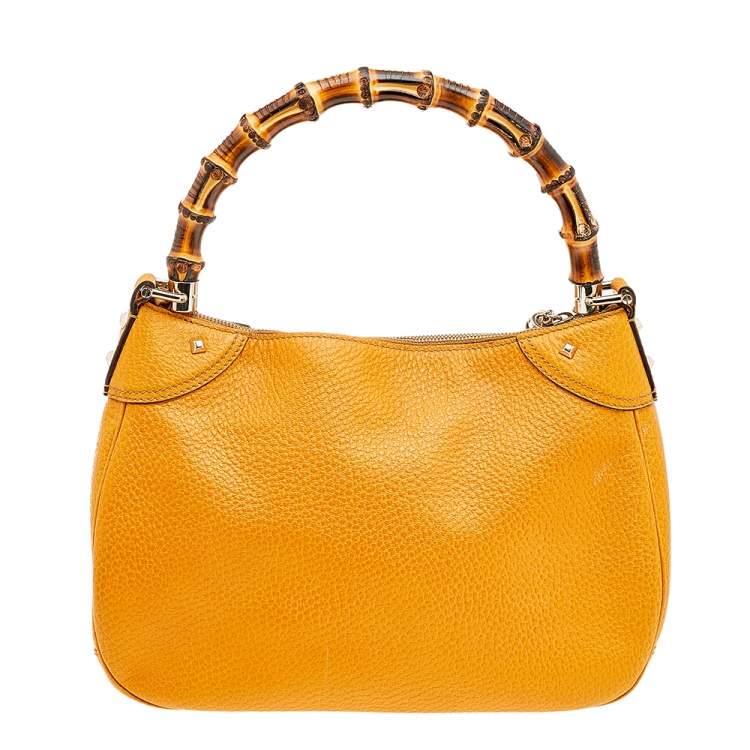 Pre Owned Gucci Yellow Leather Bamboo Top handle Bag