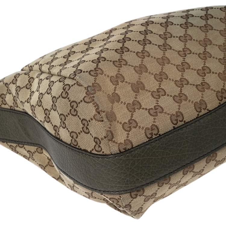 Pre Owned Gucci Beige/Olive Green GG Canvas and Leather Bamboo Bar Hobo