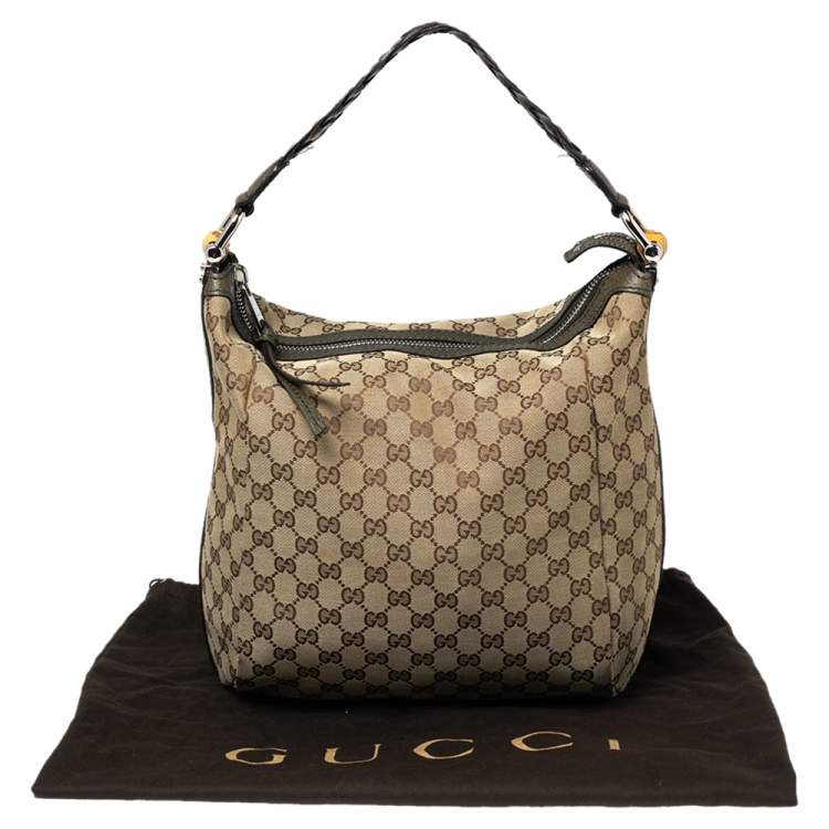 Pre Owned Gucci Beige/Olive Green GG Canvas and Leather Bamboo Bar Hobo