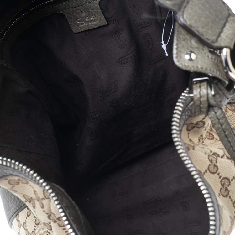 Pre Owned Gucci Beige/Olive Green GG Canvas and Leather Bamboo Bar Hobo