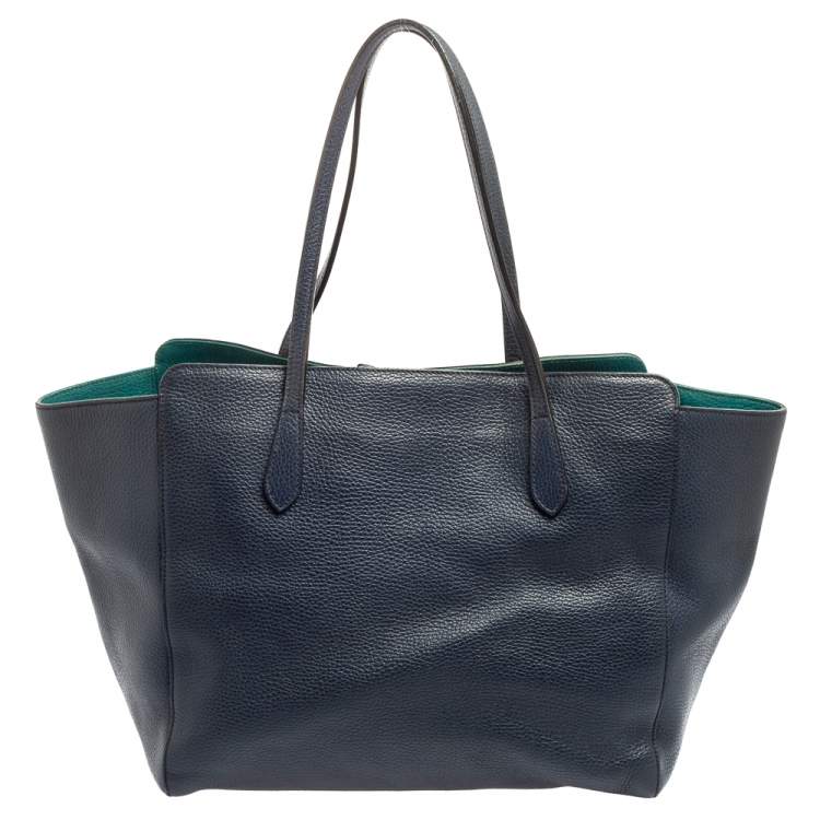 Pre Owned Gucci Navy Blue Leather Large Swing Shopper Tote