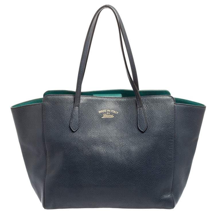 Pre Owned Gucci Navy Blue Leather Large Swing Shopper Tote
