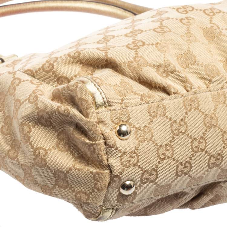 Pre Owned Gucci Beige/Gold GG Canvas and Leather D Ring Tote