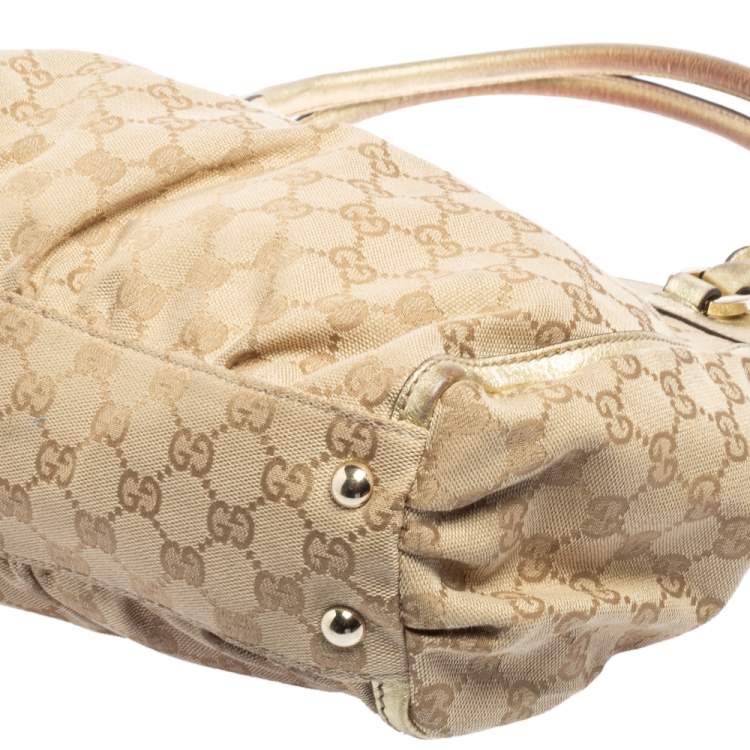 Pre Owned Gucci Beige/Gold GG Canvas and Leather D Ring Tote