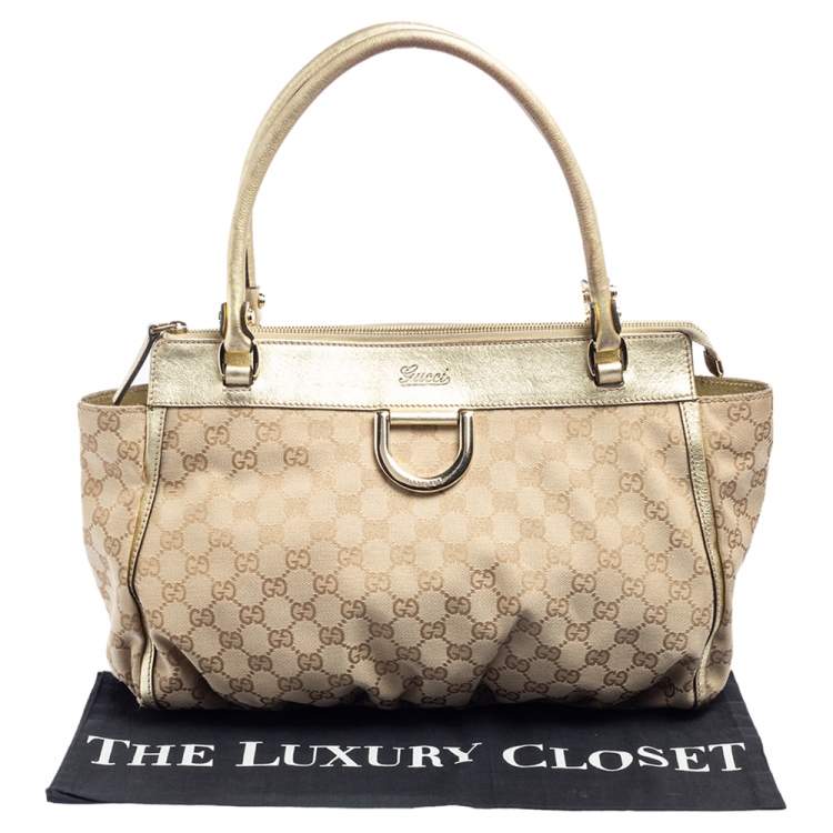 Pre Owned Gucci Beige/Gold GG Canvas and Leather D Ring Tote