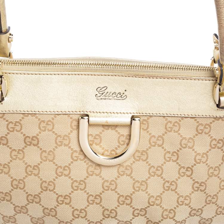 Pre Owned Gucci Beige/Gold GG Canvas and Leather D Ring Tote