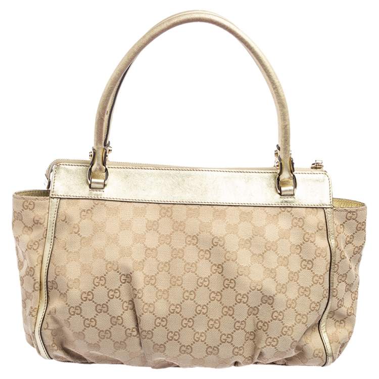 Pre Owned Gucci Beige/Gold GG Canvas and Leather D Ring Tote