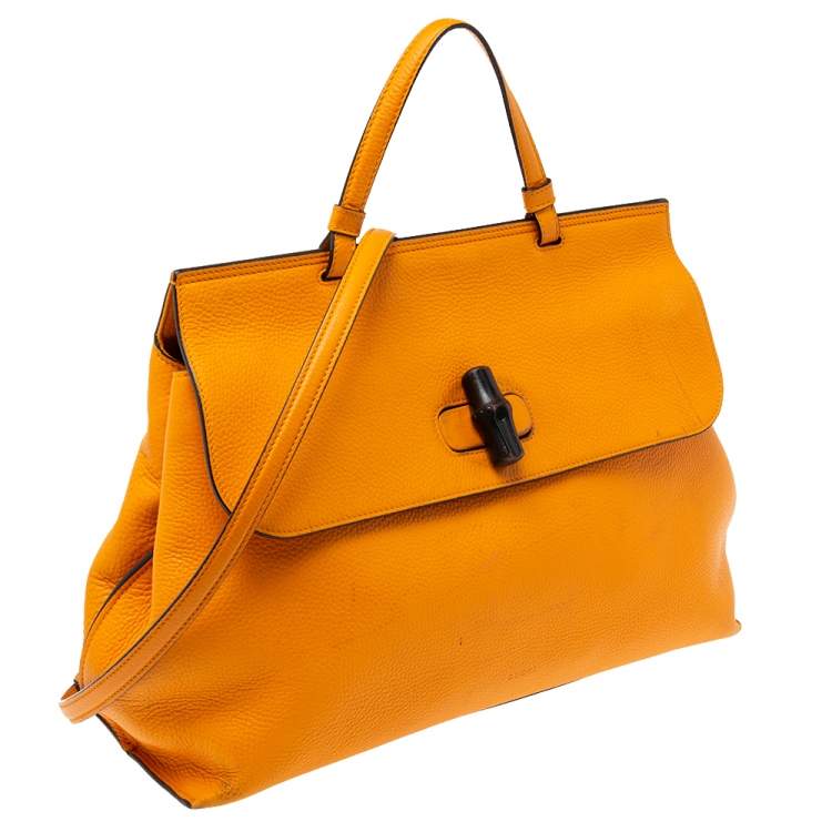 Pre Owned Gucci Orange Leather Large Bamboo Daily Top Handle Bag