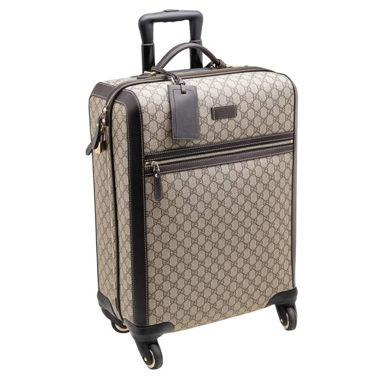 Pre Owned Gucci Beige/Ebony GG Supreme Canvas And Leather Medium Four Wheel Carry-On Suitcase