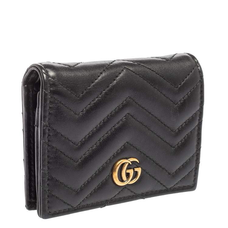 Pre Owned Gucci Black Matelassé Leather GG Marmont Card Case