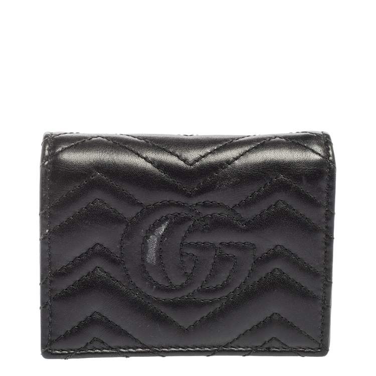 Pre Owned Gucci Black Matelassé Leather GG Marmont Card Case
