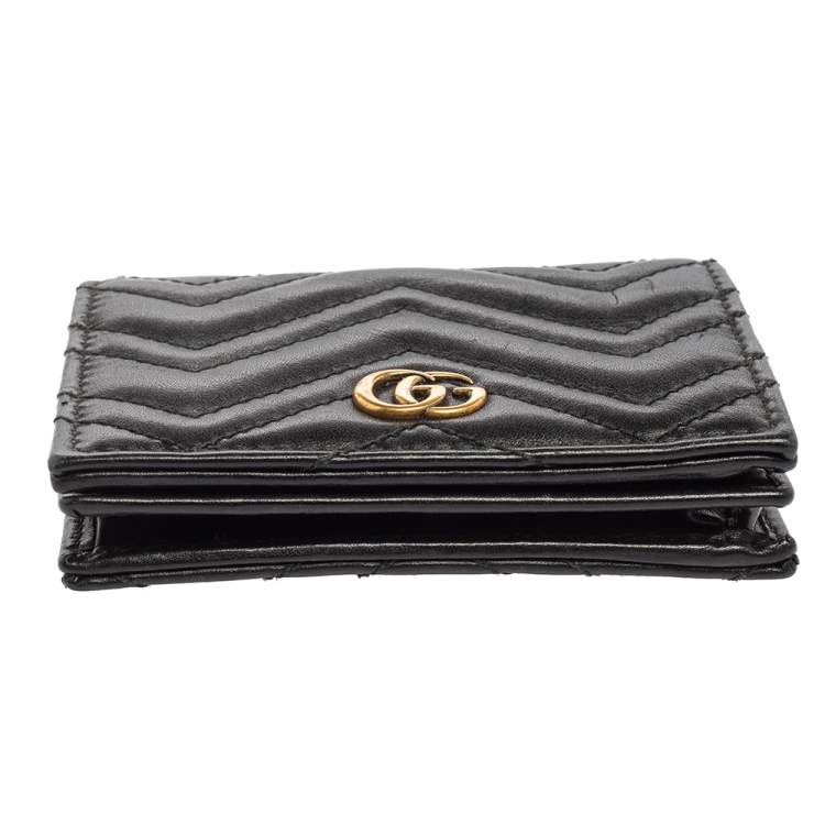 Pre Owned Gucci Black Matelassé Leather GG Marmont Card Case