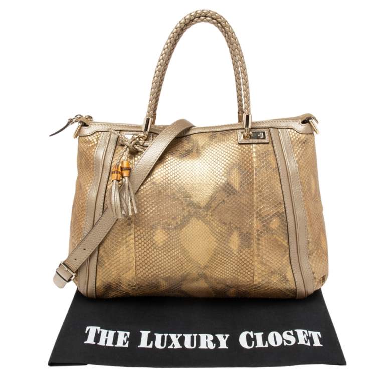 Pre Owned Gucci Gold/Beige Python and Leather Bella Tote