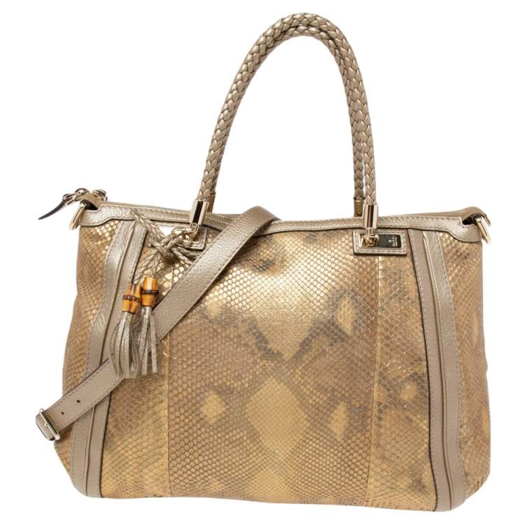 Pre Owned Gucci Gold/Beige Python and Leather Bella Tote