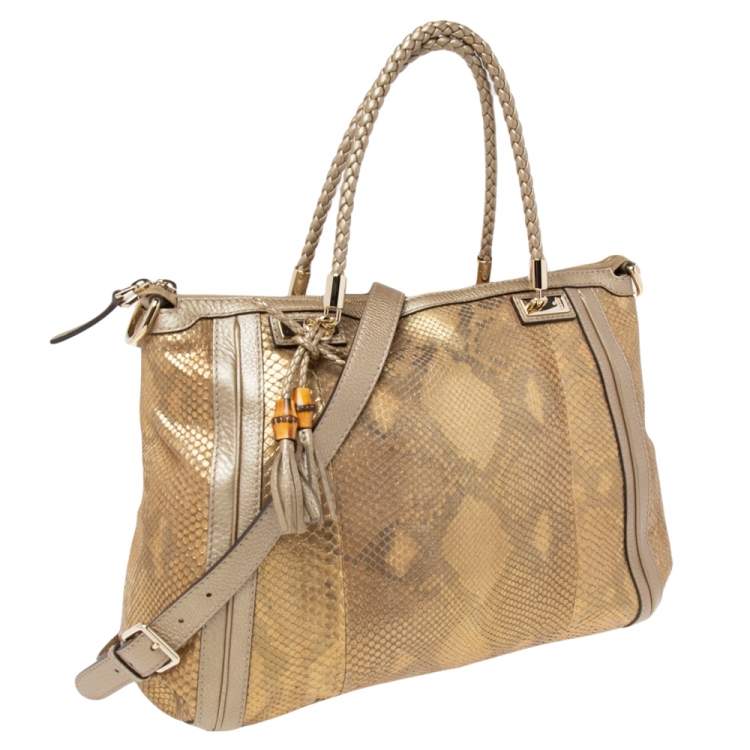 Pre Owned Gucci Gold/Beige Python and Leather Bella Tote