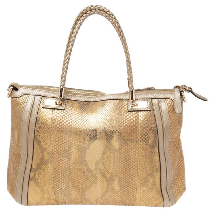 Pre Owned Gucci Gold/Beige Python and Leather Bella Tote