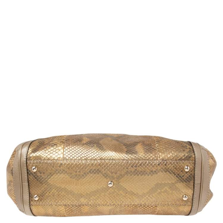 Pre Owned Gucci Gold/Beige Python and Leather Bella Tote