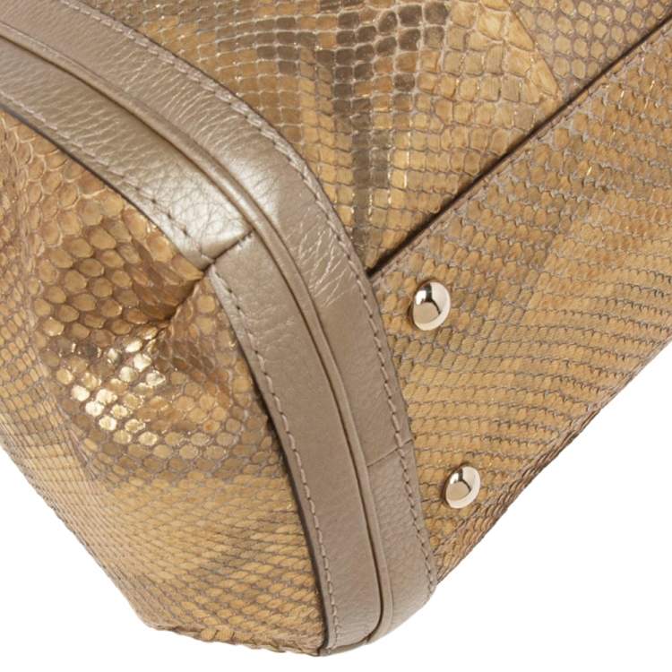 Pre Owned Gucci Gold/Beige Python and Leather Bella Tote