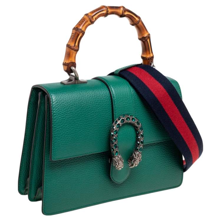 Pre Owned Gucci Green Leather Medium Dionysus Bamboo Top Handle Bag