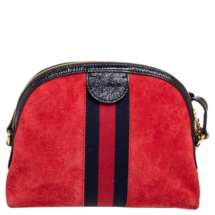 Pre Owned Gucci Red/Black Leather And Suede Small Ophidia Shoulder Bag