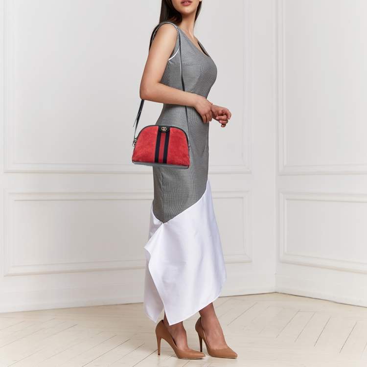Pre Owned Gucci Red/Black Leather And Suede Small Ophidia Shoulder Bag