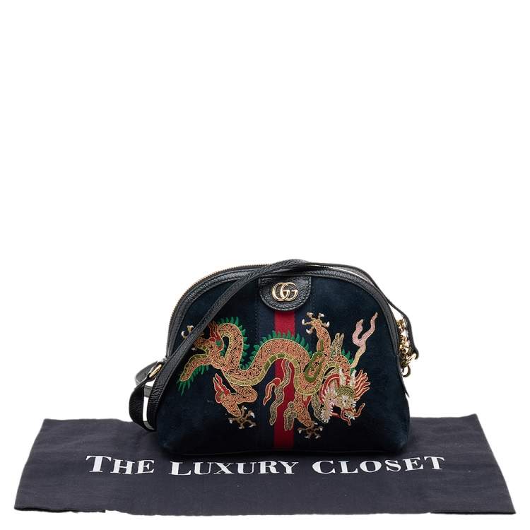 Pre Owned Gucci Black Leather And Suede Small Ophidia Dragon Embroidered Shoulder Bag