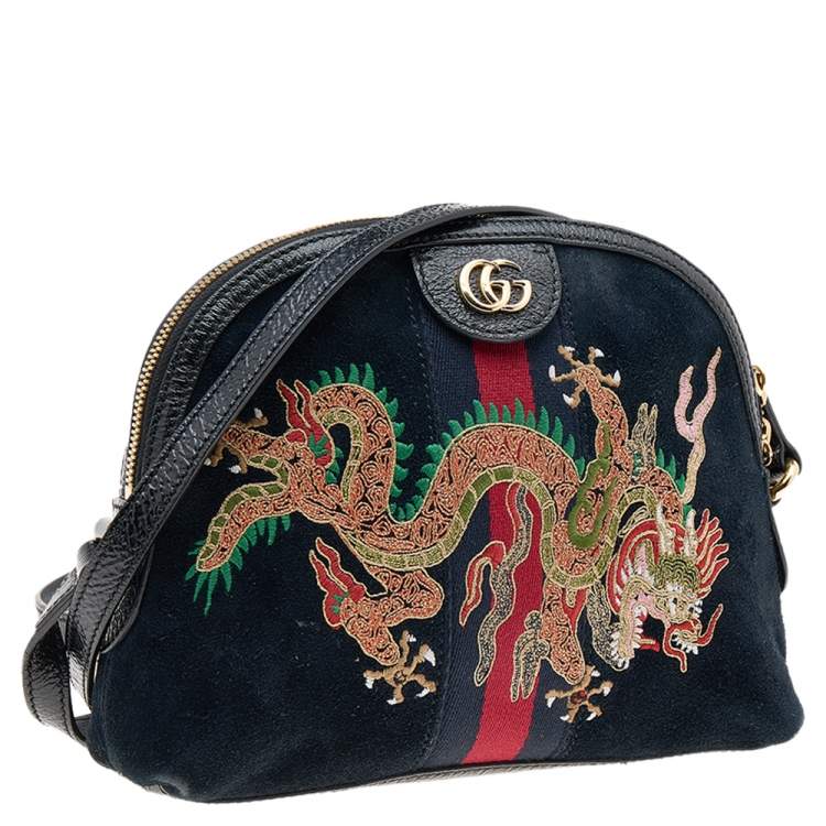 Pre Owned Gucci Black Leather And Suede Small Ophidia Dragon Embroidered Shoulder Bag