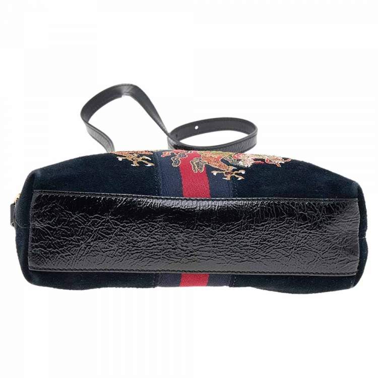 Pre Owned Gucci Black Leather And Suede Small Ophidia Dragon Embroidered Shoulder Bag