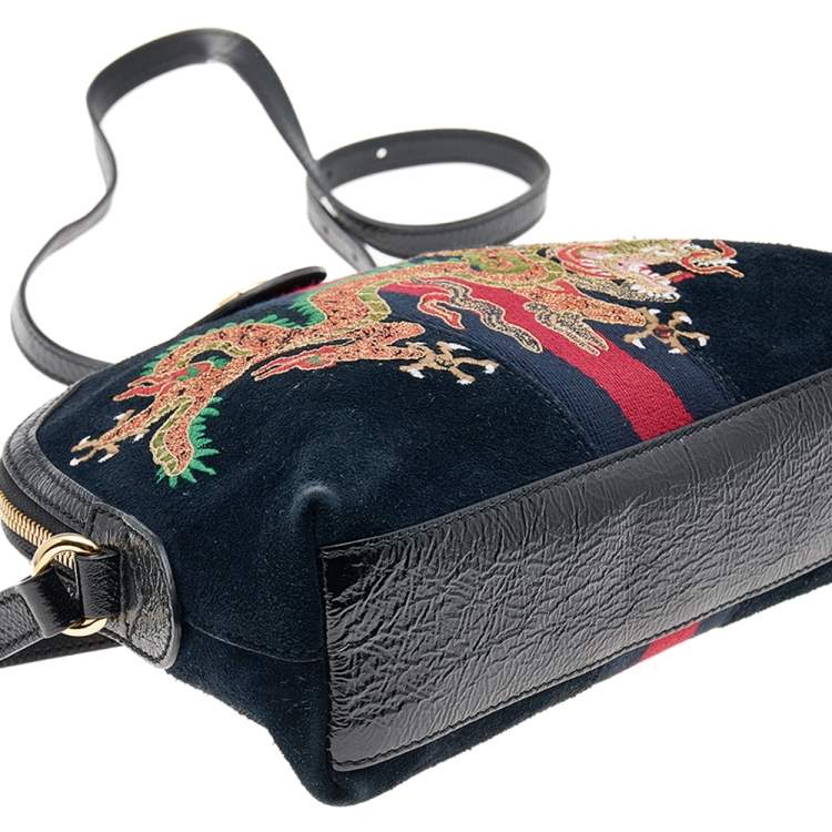 Pre Owned Gucci Black Leather And Suede Small Ophidia Dragon Embroidered Shoulder Bag