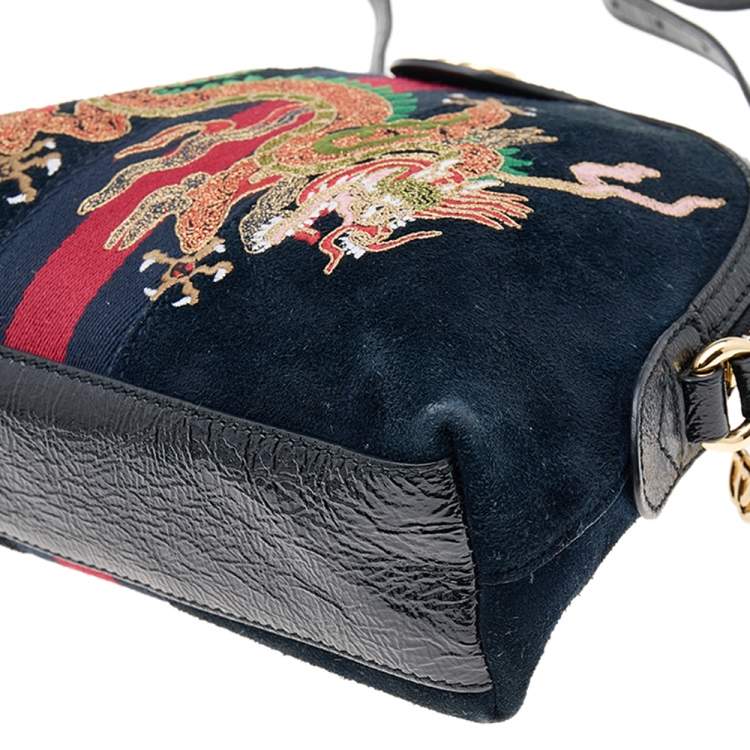 Pre Owned Gucci Black Leather And Suede Small Ophidia Dragon Embroidered Shoulder Bag