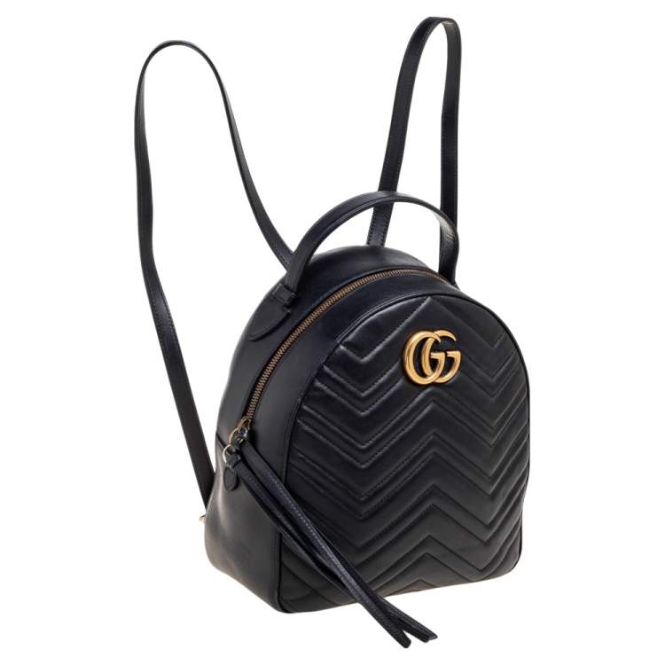 Pre Owned Gucci Black Matelassé Leather GG Marmont Backpack