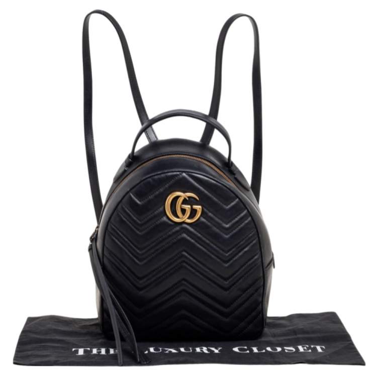 Pre Owned Gucci Black Matelassé Leather GG Marmont Backpack