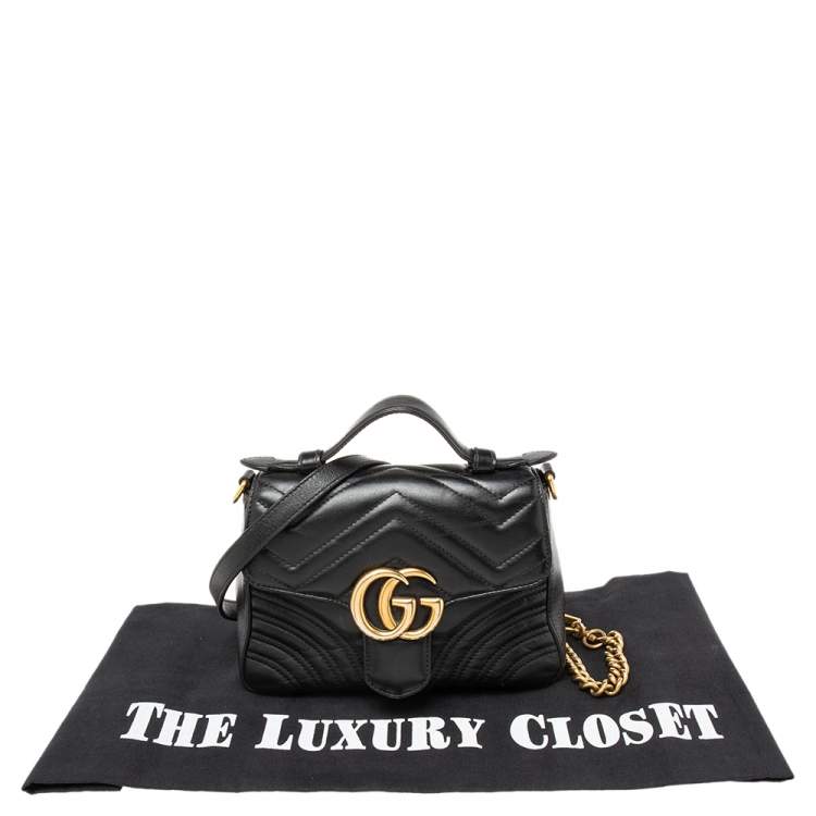 Pre Owned Gucci Black Matelassé Leather GG Marmont Mini Top Handle Bag