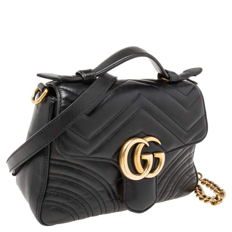 Pre Owned Gucci Black Matelassé Leather GG Marmont Mini Top Handle Bag